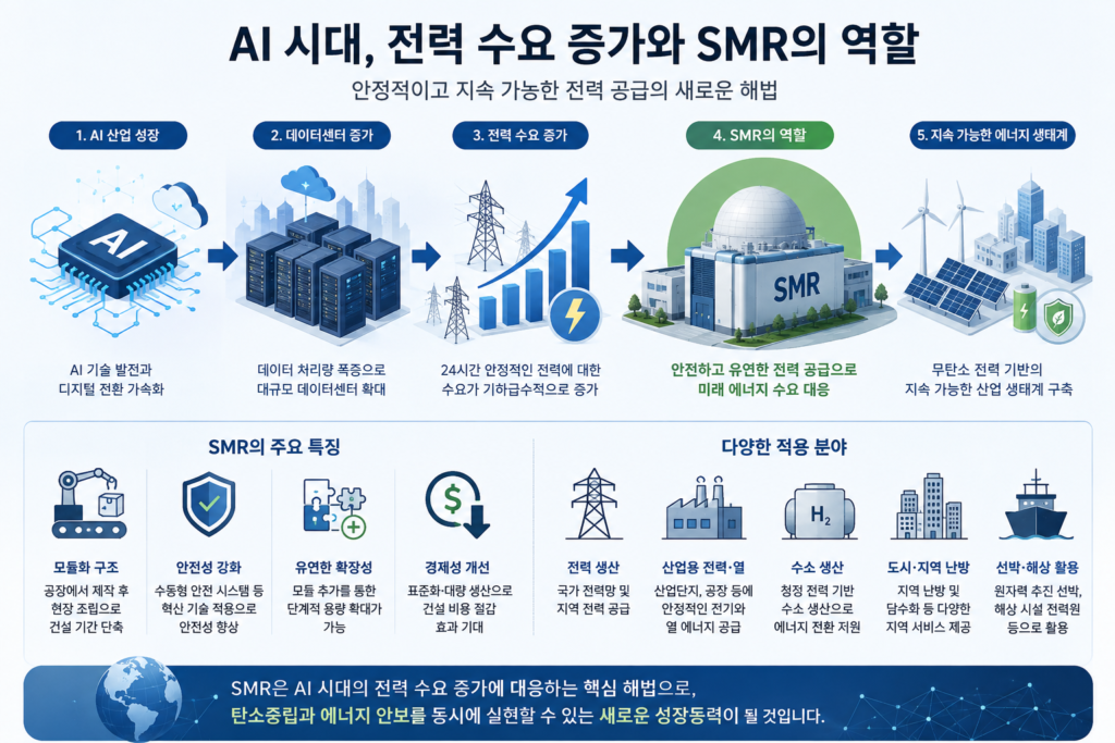 AI 전력 수요 증가와 SMR의 역할을 보여주는 에너지 산업 구조