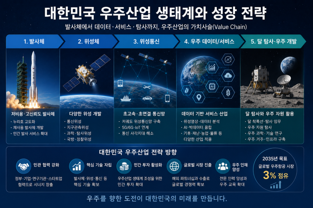 대한민국 우주산업 생태계와 발사체·위성·위성통신·우주데이터·달 탐사 밸류체인